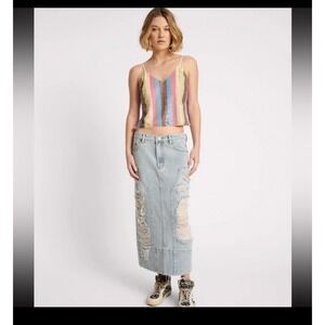 One Teaspoon Womens Y2K Distressed Denim Maxi Skirt Ripped Size 25 Grunge Boho